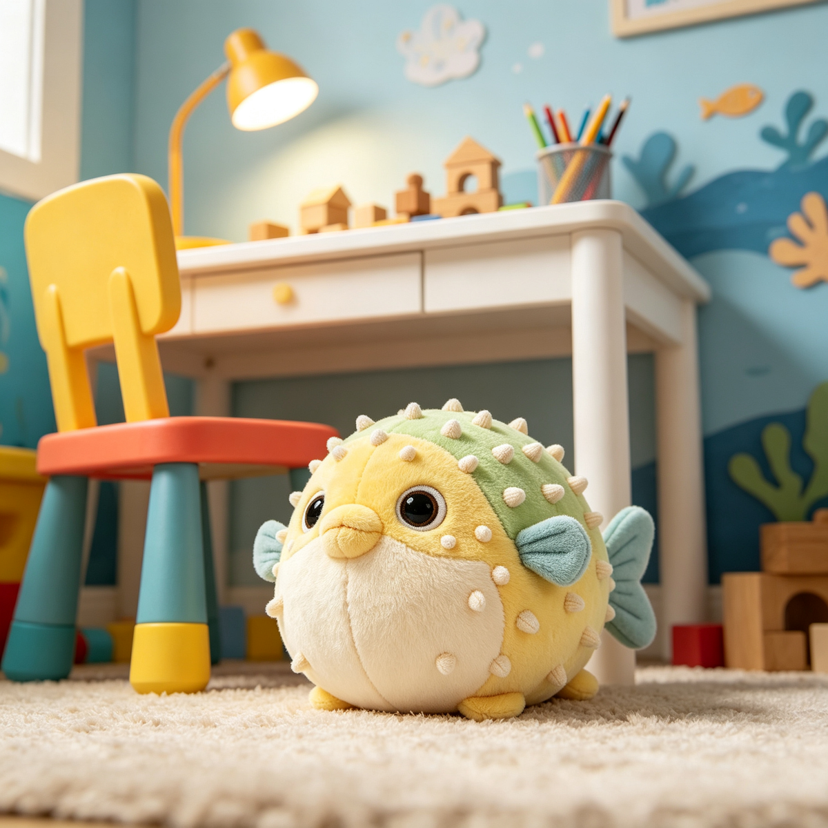 Yellow Green Pufferfish Plush Toy